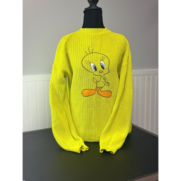 Love Your Melon Tweety Bird Looney Tunes Neon Yellow Ribbed Knit Sweater XS - Picture 4 of 11